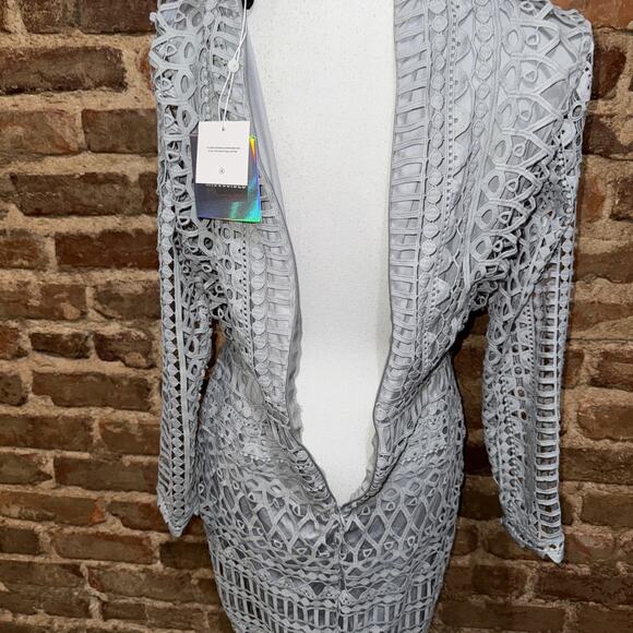 Misguided NWT High Neck Structured Lace Midi Dress Grey Sz 10 Body Con Cutout - Picture 14 of 16